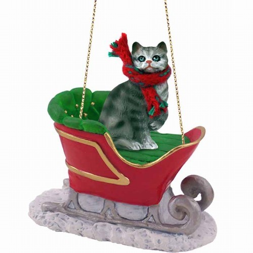 Silver Tabby Cat Christmas Ornament With Sleigh