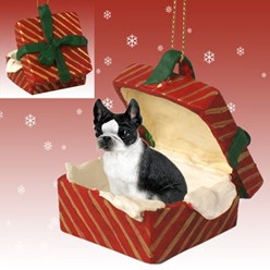 Boston Terrier Red Gift Box Dog Christmas Ornament